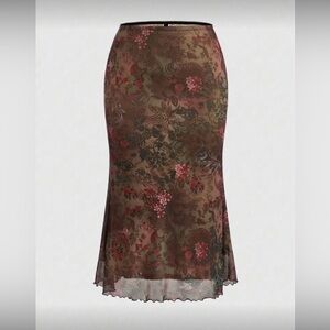 ROMWE Floral Brown and Red Skirt